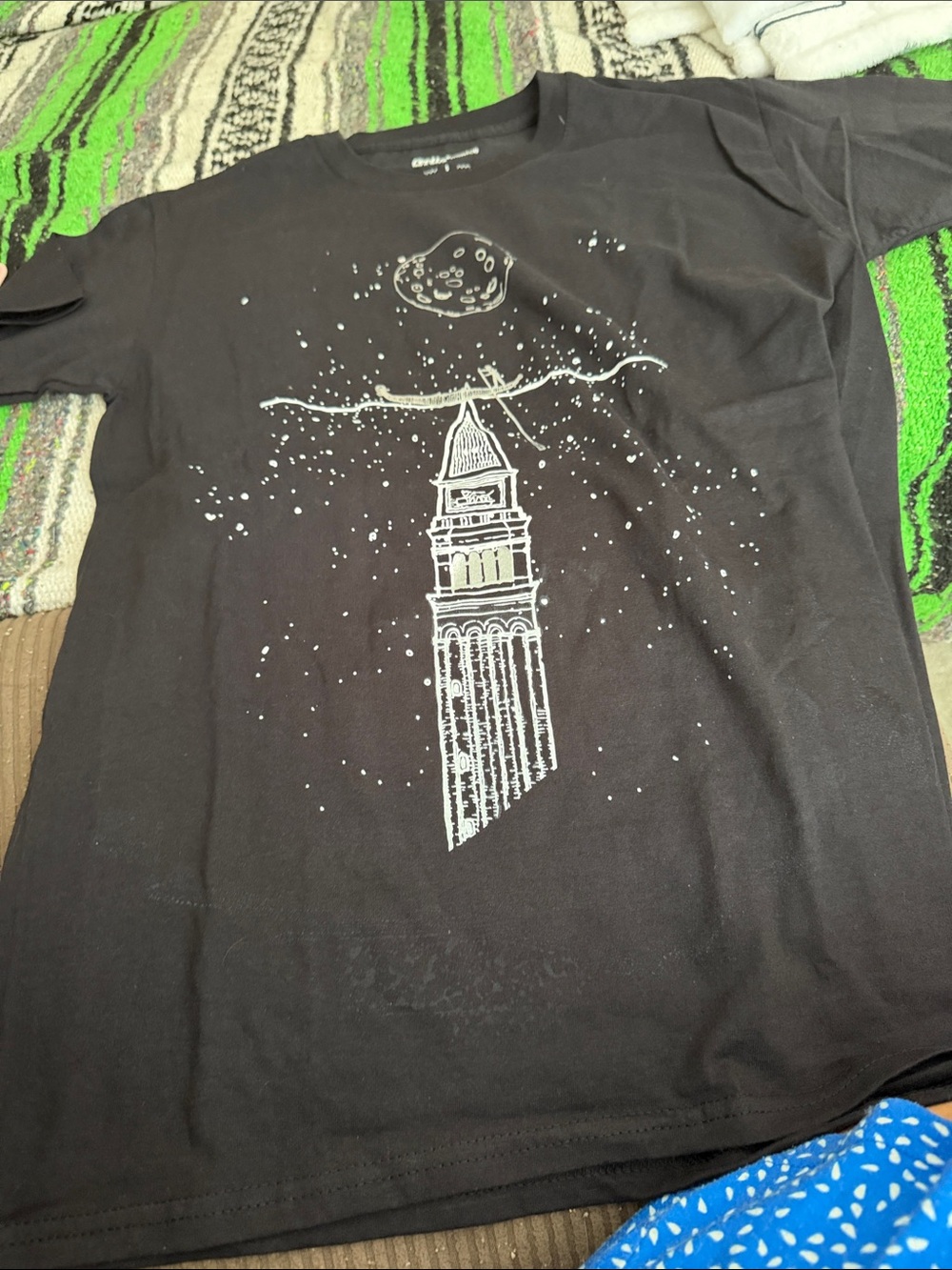 Kids Black Graphic Tee with White Tower Illustration - Unbranded